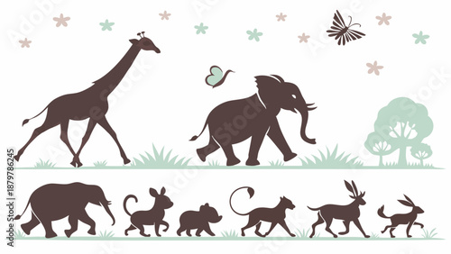 Cute Safari Animals Silhouettes Walking Parade Vector Illustration Giraffe Elephant for Kids Nursery Decor and Education