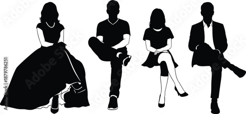 Seated people silhouette illustration showing men and women sitting with crossed legs black vector characters isolated on white background design