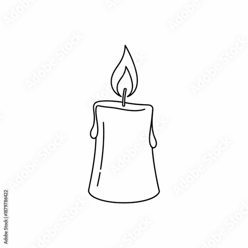A simple black and white line art drawing of a lit candle with a burning flame and melted wax dripping down its sides, illustrating light and warmth.