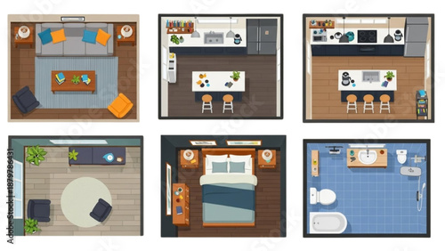 Interior Top View Vector Set Home and Office Floor Plan Illustration