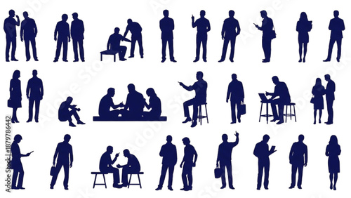 Architectural Drawing of Diverse People Dark Blue Vector Set