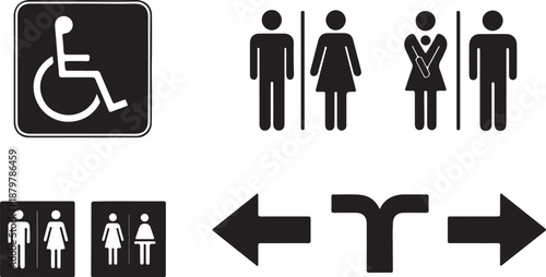 Restroom signs with gender symbols and directional arrows in simple black and white design for public facilities signage
