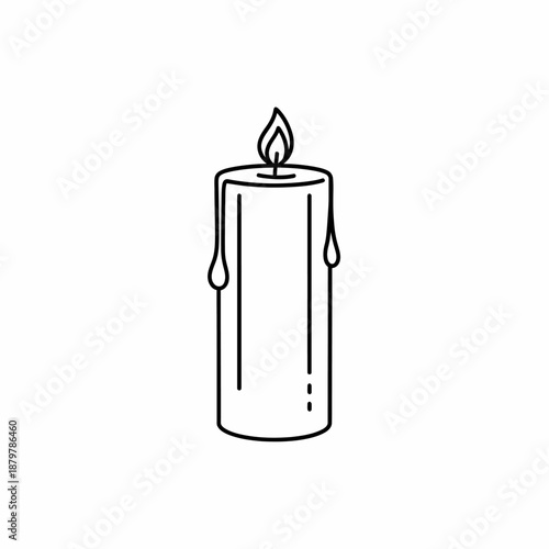 A simple line art drawing of a lit candle with melting wax drips, isolated on a white background, representing light and warmth.