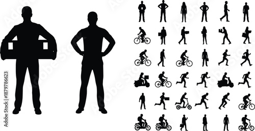 Human silhouette activity icons showing delivery workers, cyclists, runners, walkers, and scooter riders, transportation and logistics concept, black vector illustration