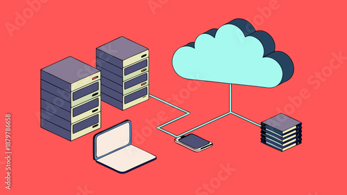 Cloud computing network illustration with technology and devices created with generative ai
