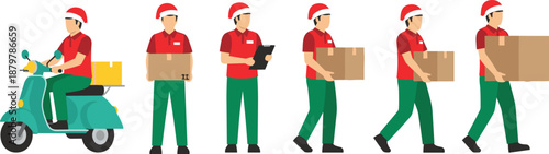 Delivery workers wearing Santa hats, carrying boxes and riding scooter, holiday courier service, Christmas logistics vector illustration