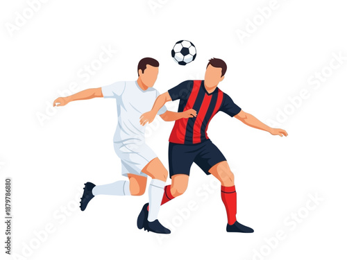 Flat vector illustration of two soccer players competing for the ball