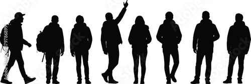 People silhouettes standing and walking in different poses, casual clothing and backpacks, urban lifestyle crowd black vector illustration