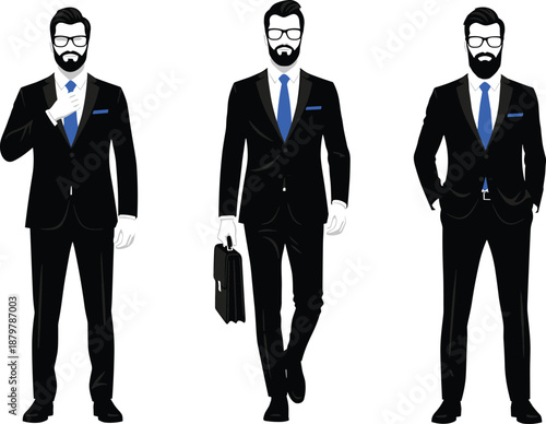 Stylish businessman wearing black suit and blue tie, holding briefcase and standing confidently, professional corporate male vector illustration