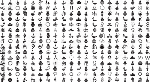Diwali festival icons and symbols collection with lamps and indian characters on white background