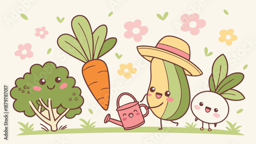 Happy Kawaii Vegetables Gardening Cute Cartoon Avocado Carrot Broccoli Radish Characters Watering Plants Springtime Illustration