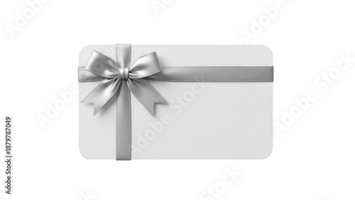Elegant gift card with silver bow isolated on transparent background