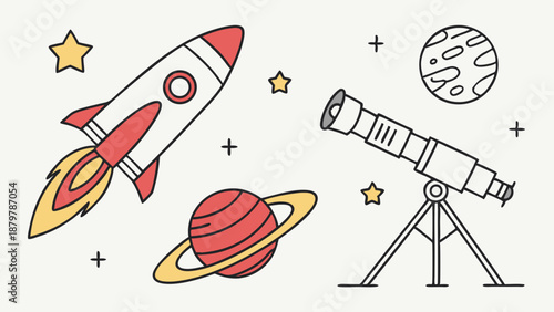 Outer Space Exploration Science Illustration Rocket Ship Launch Telescope Astronomy Discovery Adventure Graphic Design Element