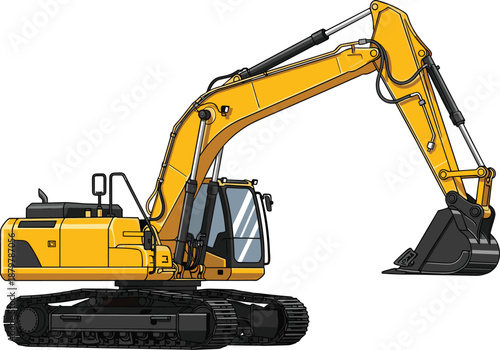 Yellow hydraulic excavator machine with bucket, heavy construction equipment for digging and earthmoving, industrial vehicle vector illustration isolated