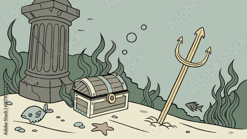 Golden Trident and Sunken Treasure Chest Illustration Ancient Ruins Underwater Ocean Floor Discovery Adventure Wealth Mythology Quest Scene