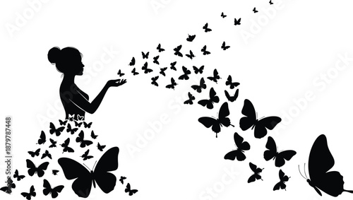 Butterfly silhouette woman vector, transformation artwork, black and white illustration, nature freedom design, elegant motion scene