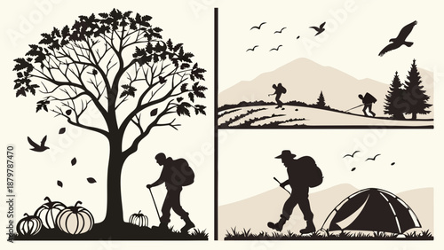 Hiking and Camping Adventure Silhouette Vector Set Autumn Travel Landscape Illustration Outdoor Trekking and Nature Exploration