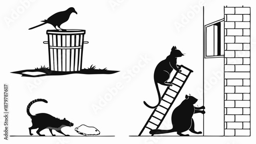 Black and White Illustration of Resourceful Cats Climbing Ladder Teamwork Strategy and Urban Survival Competition