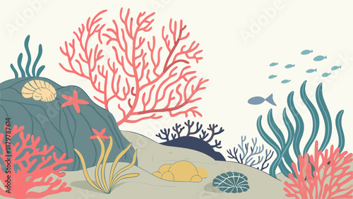 Minimalist Underwater Coral Reef Illustration Flat Design Background Marine Ecosystem Scene with Seaweed Fish and Shells