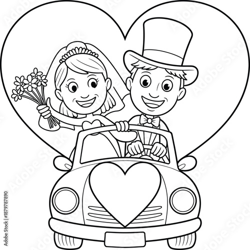 This charming wedding-themed coloring page features a smiling bride and groom happily driving in a heart-decorated car. Surrounded by a large heart shape, the illustration captures the joy and celebra