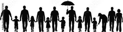 Community silhouette vector, family protection illustration, umbrella care artwork, togetherness symbol design, black and white group scene