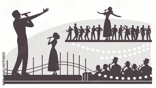 Retro Jazz Swing Band Silhouette Vector Illustration Singers and Musicians Performing on Stage Nightlife Entertainment Event Poster