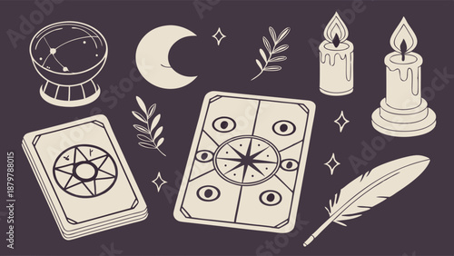 Mystical Tarot Card Divination Flat Vector Set Crystal Ball Moon and Candles Esoteric Occult Illustration for Spiritual Branding and Web Design
