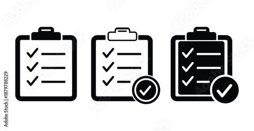 Checklist Clipboard Icons Set with Check Marks in Minimal Black and White Design