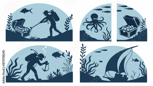 Deep Sea Scuba Diver Silhouette Vector Set Underwater Treasure Hunt Exploration Octopus and Shipwreck Nautical Adventure Graphic Design