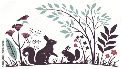 Stylized Woodland Animals Silhouette Squirrel and Rabbit Interaction Peaceful Nature Ecology Illustration Web Banner Design