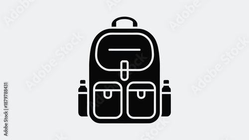Minimalist black backpack icon featuring multiple pockets and side water bottle holders Vector