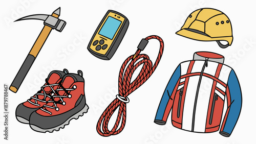 Climbing and Hiking Gear Checklist Illustration Ice Axe Rope Helmet Boots and GPS Device Essential Equipment for Mountain Expedition Safety and Adventure Preparation