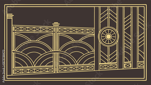 Luxurious Art Deco Gate and Fence Illustration Gold Geometric Sunburst Pattern Vintage 1920s Architectural Design Element for Luxury Branding and Web Background