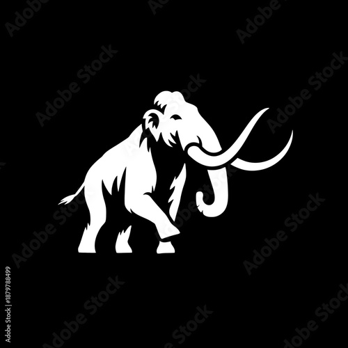 Powerful White Mammoth Silhouette Illustration with Long Tusks on Black Background, Ancient Prehistoric Animal