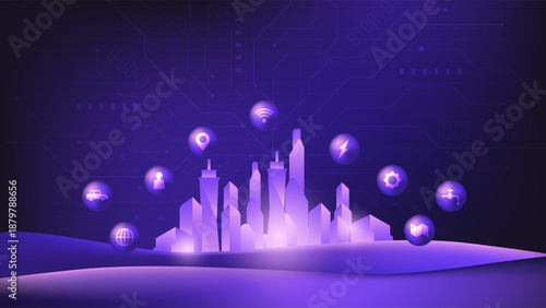 Smart city digital infrastructure with IoT urban connectivity icons in futuristic landscape