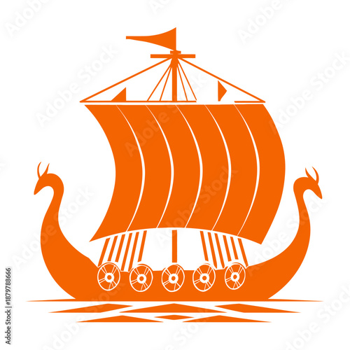 Orange Silhouette Vector Illustration of a Traditional Viking Longship or Dragon Boat, Ancient Norse Historical Sailing Vessel Icon