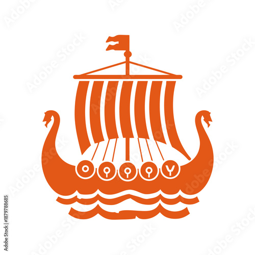 Stylized orange Viking longship icon with sail, dragon heads, and waves on a white background, ancient Norse boat illustration.