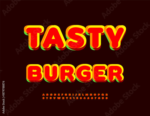 Vector Gourmet flyer Burger Burger. Bright Colorful Font. Artistic Alphabet Letters and Numbers set.