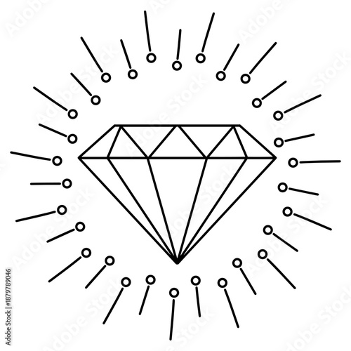 Hand drawn sparkling brilliant diamond with sunburst sketch line art style