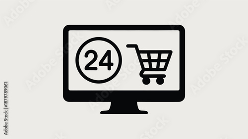 24/7 online shopping convenience with a digital shopping cart on a monitor screen Vector