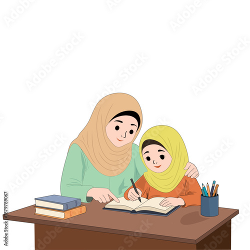 Muslim Mother Teaching Her Child at Home, Learning and Education Concept Illustration