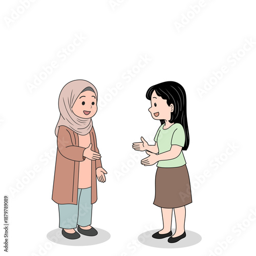 Smiling Muslim Woman Meeting Neighbor, Friendly Neighborhood Harmony Concept Illustration