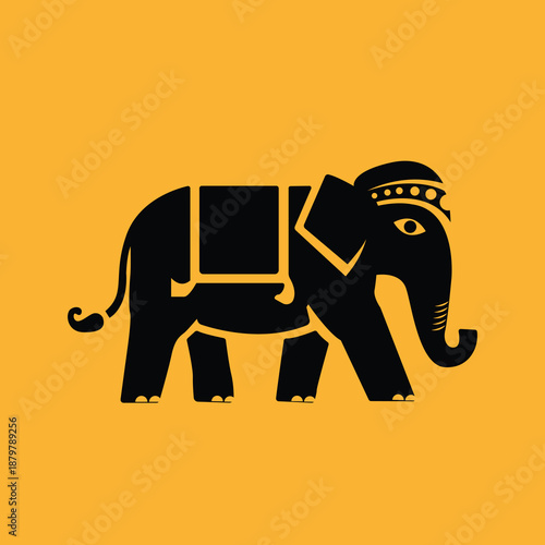 Traditional Indian Elephant Silhouette on Orange Background

