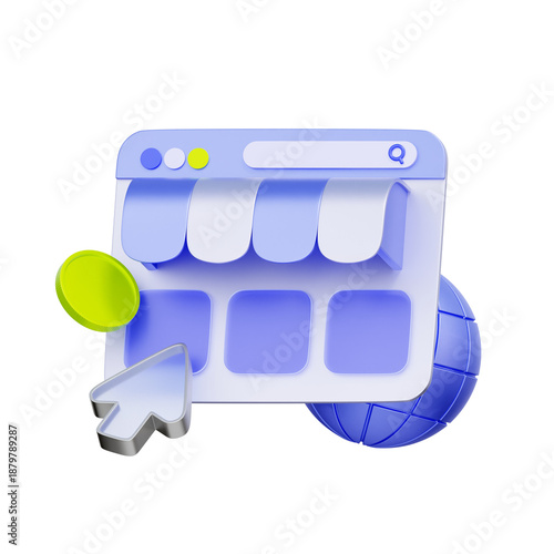 3D icon of a web browser storefront with a globe and cursor For e-commerce website, global retail business, online marketplace, and digital marketing.