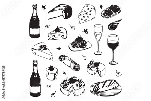 Hand-Drawn Celebration Feast Champagne, Wine, Cheese, and Cake Collection