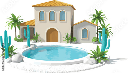 Mediterranean villa with swimming pool and tropical plants, luxury summer resort house exterior, flat vector illustration for vacation real estate