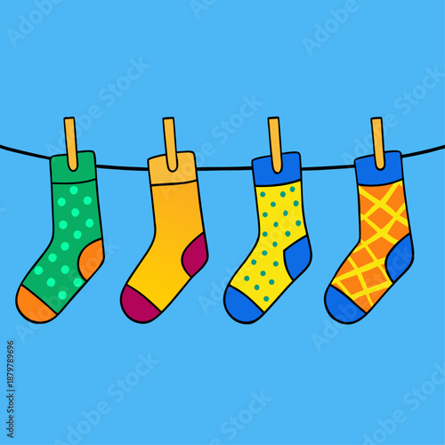 Colorful socks hanging on a clothesline