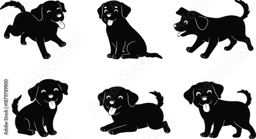 Vector silhouette illustration of playful puppies in various poses showing happiness, energy, joy, cuteness, fun, domestic pets, and companionship