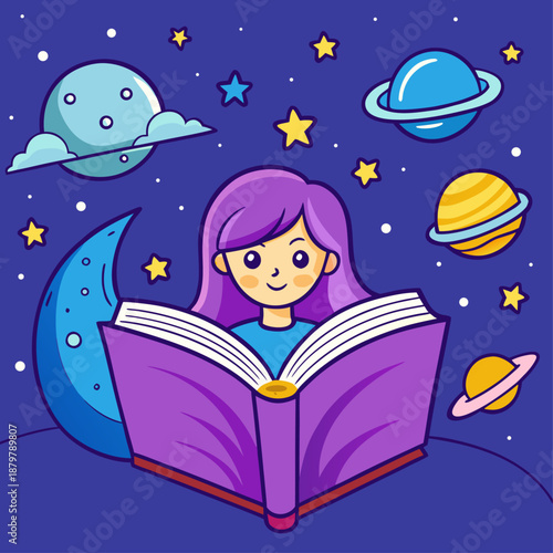 Girl reading book in space