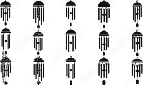 Wind chime silhouette collection, black and white hanging decoration, vector illustration of musical ornament, traditional cultural charm, spiritual decorative art design